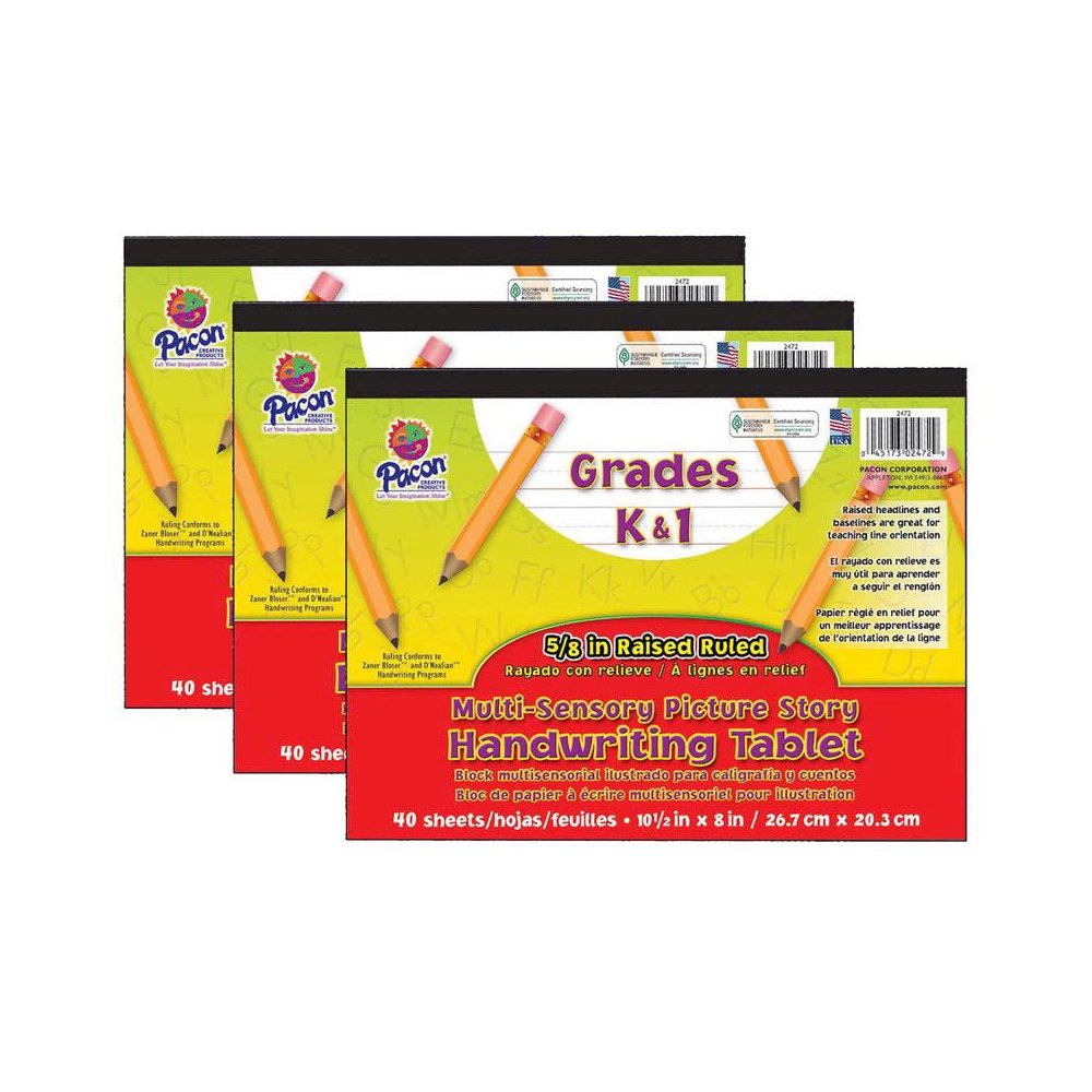 Multi-Sensory Raised Ruled Tablet, Tape Bound, 40 Sheets, Pack of 3. Picture 1