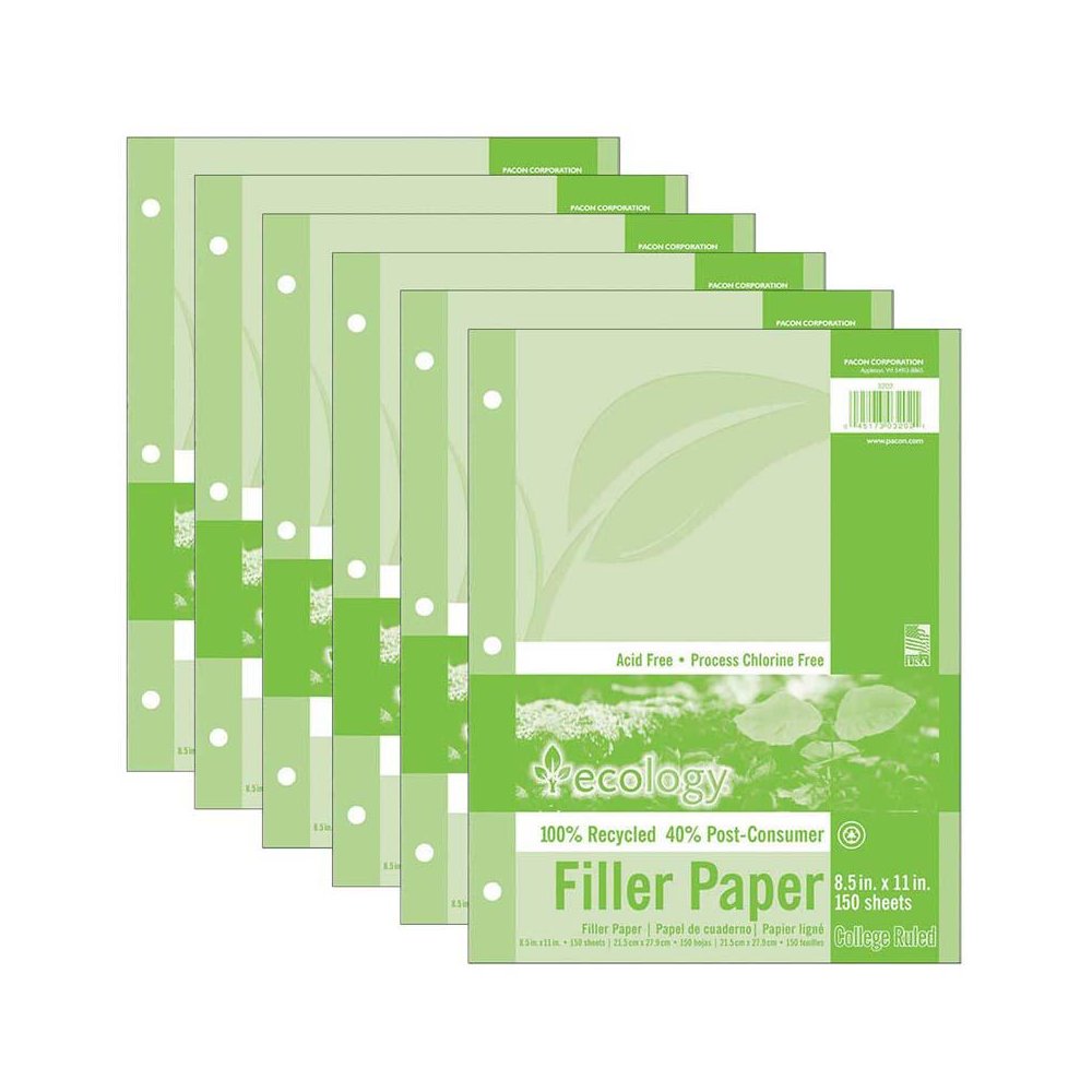 Recycled Filler Paper, 3-Hole Punched, 9/32" Ruled, 150 Sheets Per Pack, 6 Packs. Picture 1