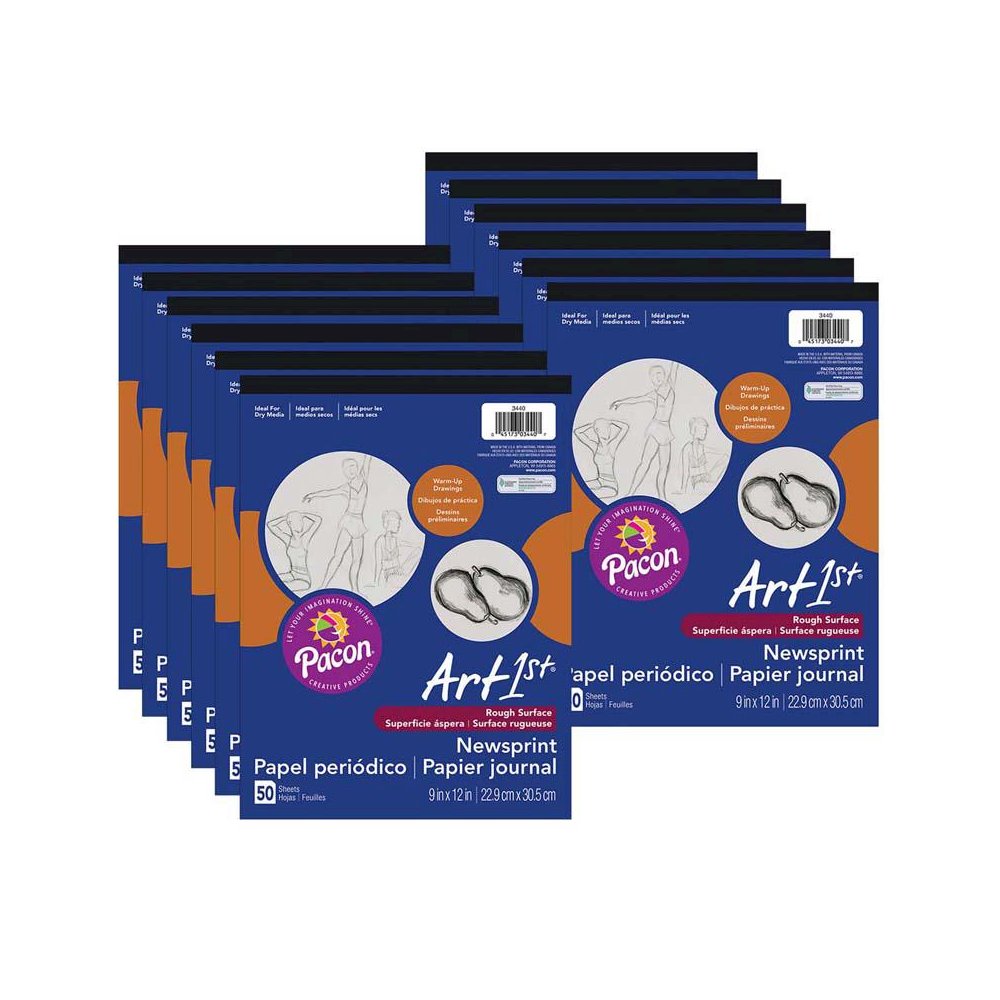 Newsprint Pad, White, 9" x 12", 50 Sheets, Pack of 12. Picture 1