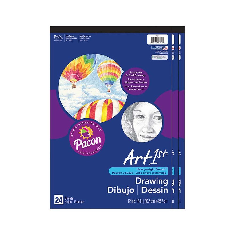 Drawing Paper Pad, Heavyweight, 12" x 18", 24 Sheets, Pack of 3. Picture 1