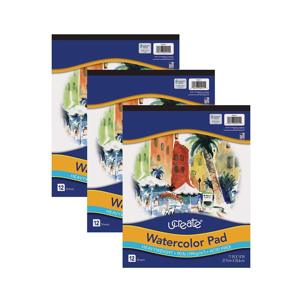 Watercolor Pad, 90 lb., 11" x 14", 12 Sheets, Pack of 3. Picture 1