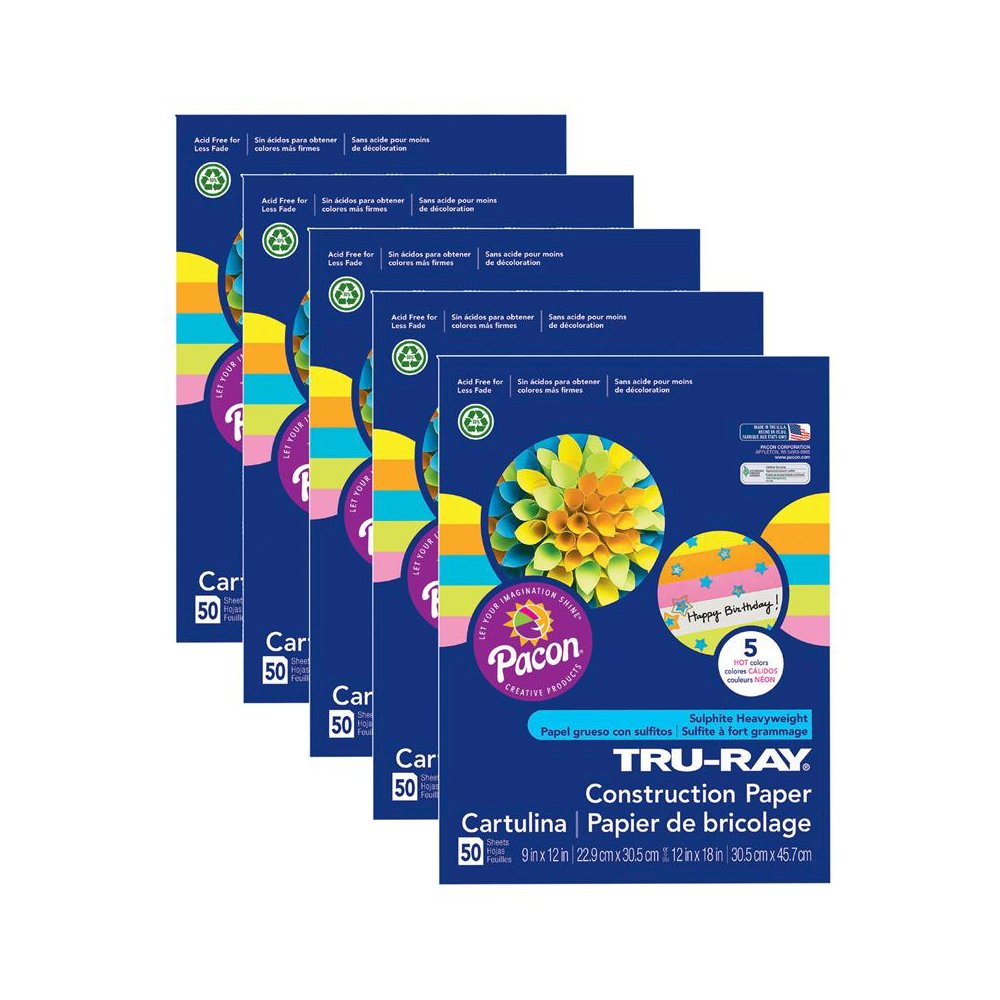 Construction Paper, 5 Assorted Hot Colors, 9" x 12", 50 Sheets Per Pack, 5 Packs. Picture 1