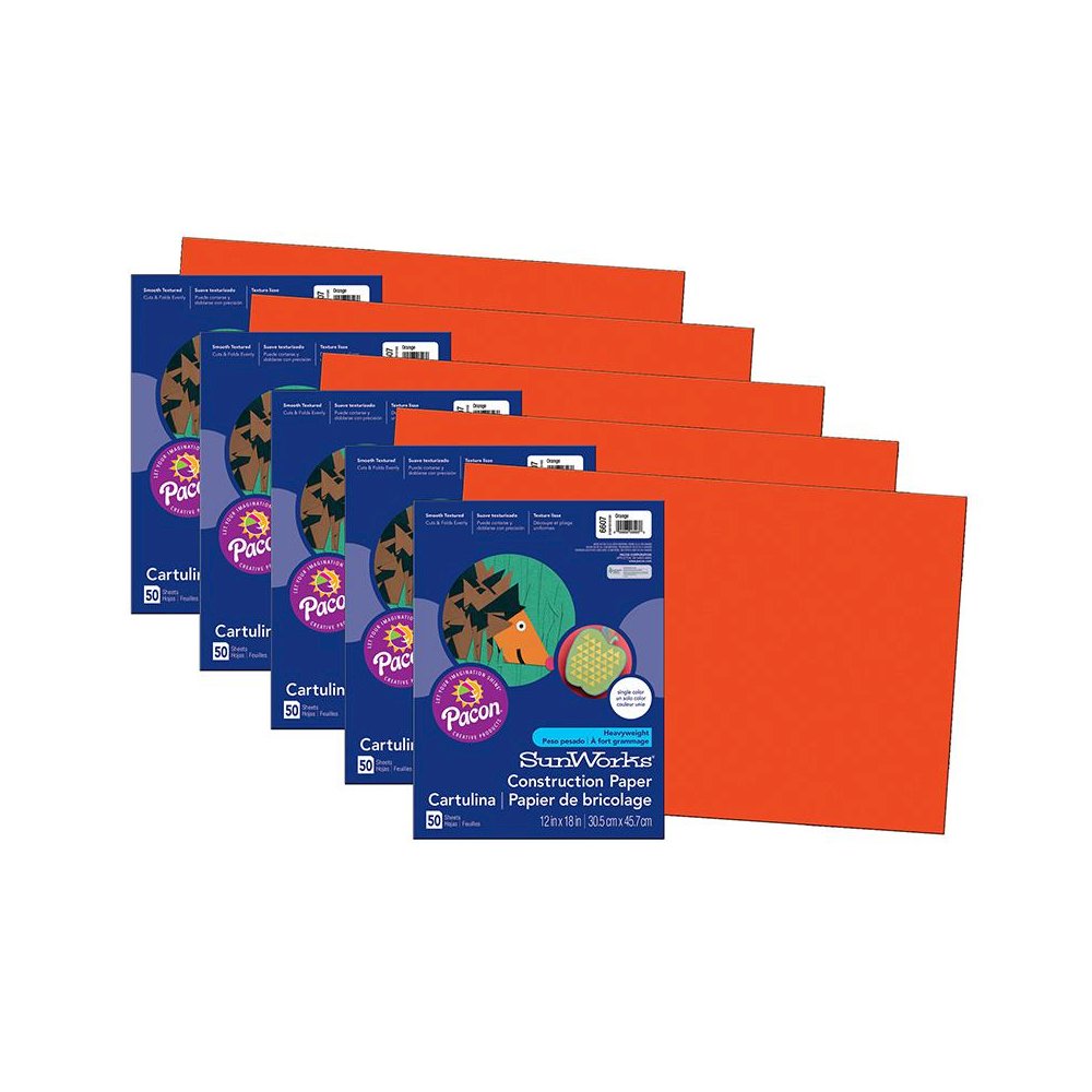 Construction Paper, Orange, 12" x 18", 50 Sheets Per Pack, 5 Packs. Picture 1