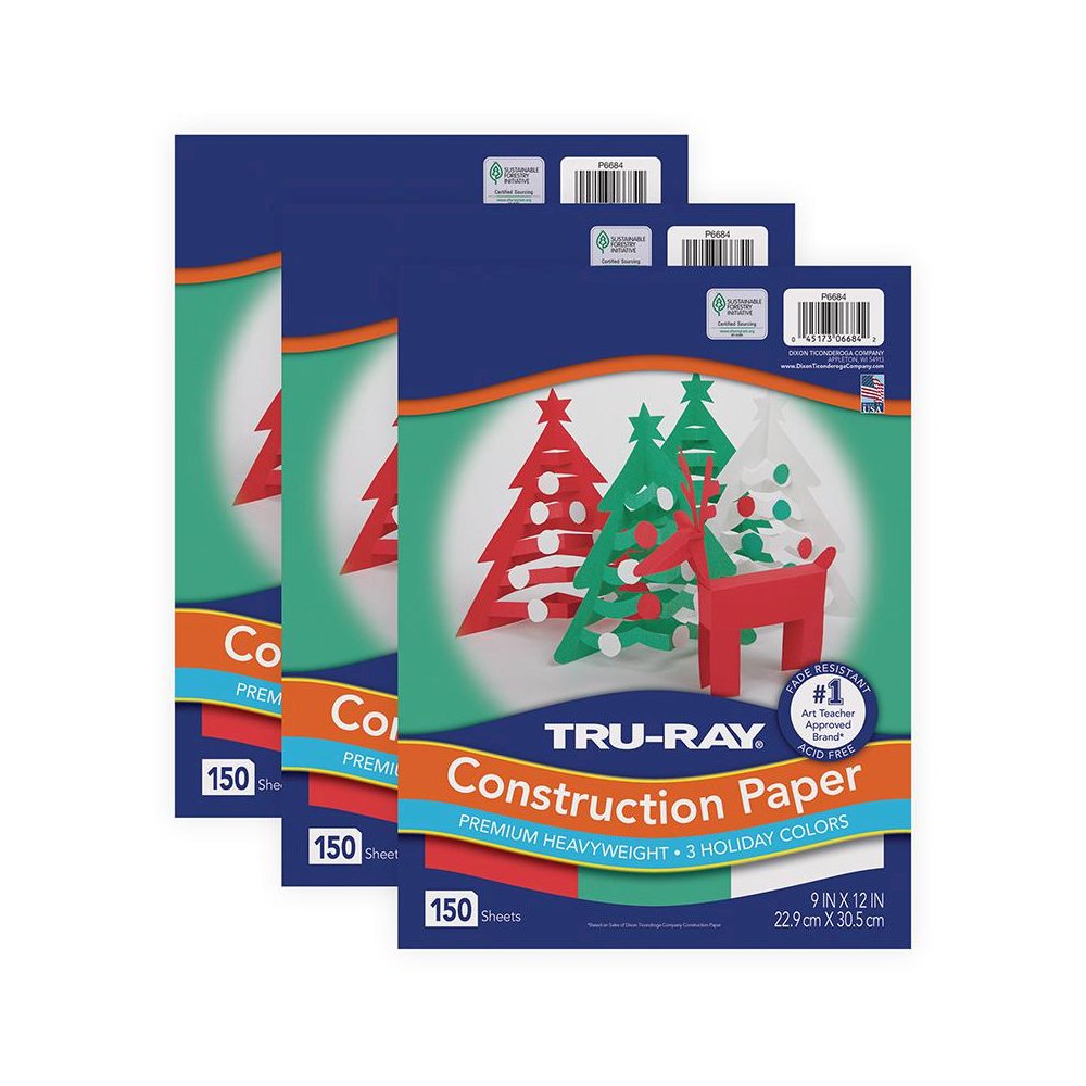 Construction Paper, Holiday Assortment, 9" x 12", 150 Sheets Per Pack, 3 Packs. Picture 1