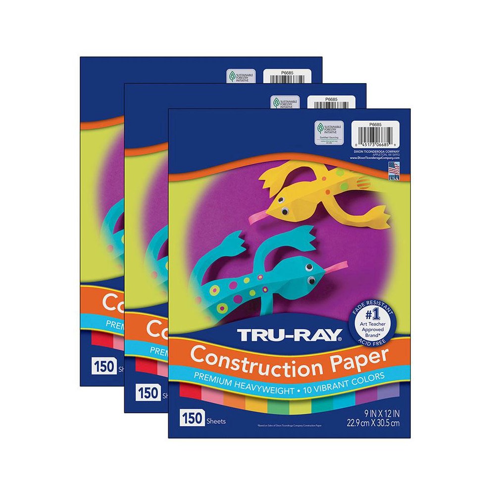 Construction Paper, 10 Vibrant Colors, 9" x 12", 150 Sheets Per Pack, 3 Packs. Picture 1