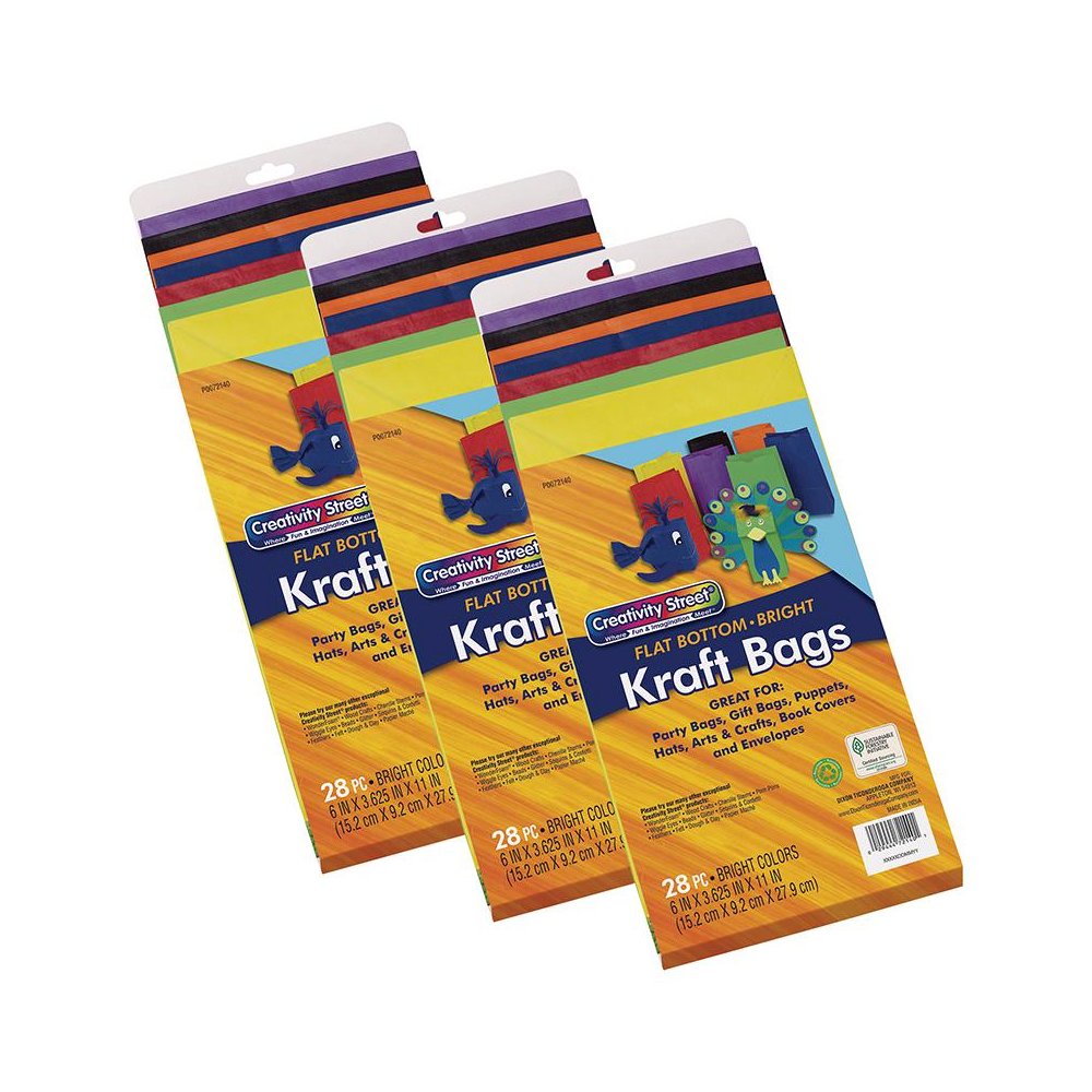 Kraft Bag, Assorted Bright Colors, 6" x 3-5/8" x 11", 28 Per Pack, 3 Packs. Picture 1