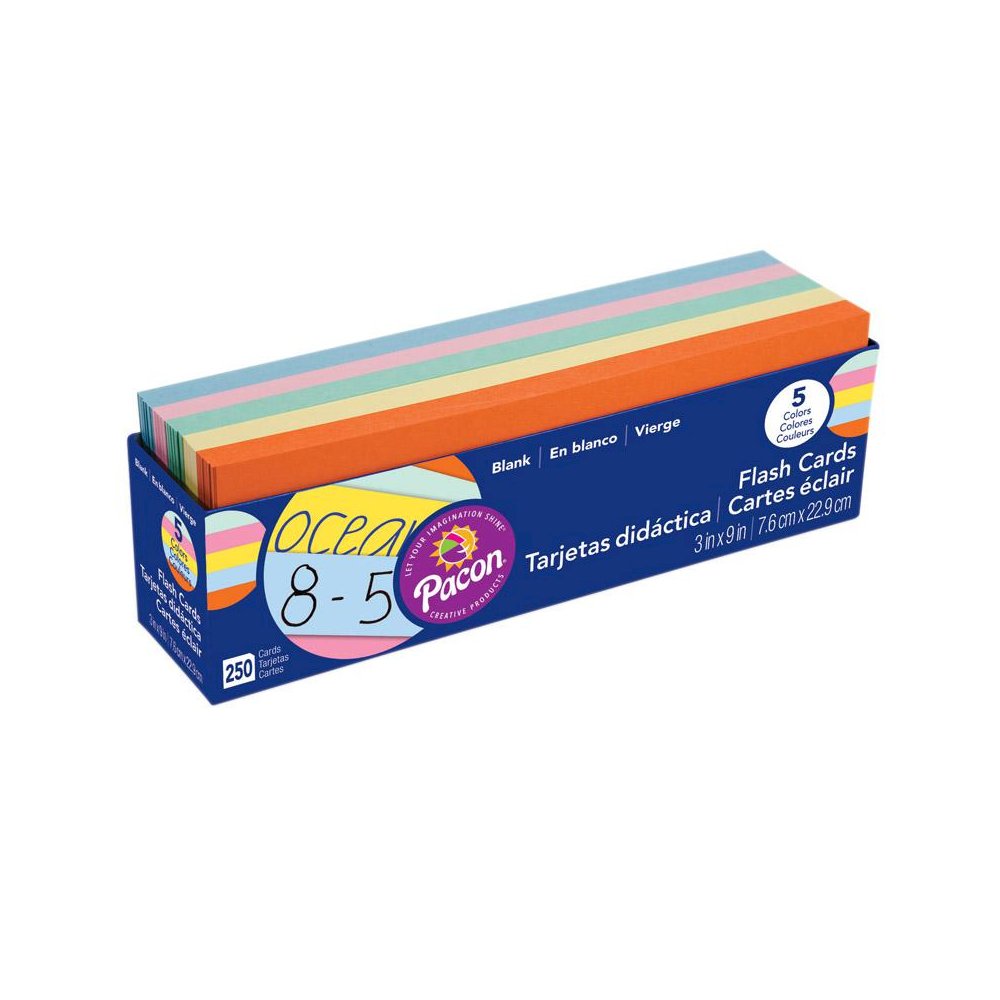 Blank Flash Card Dispenser Box, 5 Assorted Colors, Unruled 3" x 9", 250 Cards. Picture 1
