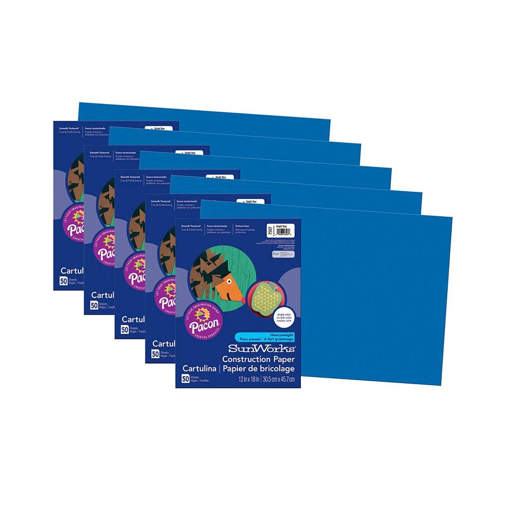 Construction Paper, Bright Blue, 12" x 18", 50 Sheets Per Pack, 5 Packs. Picture 1