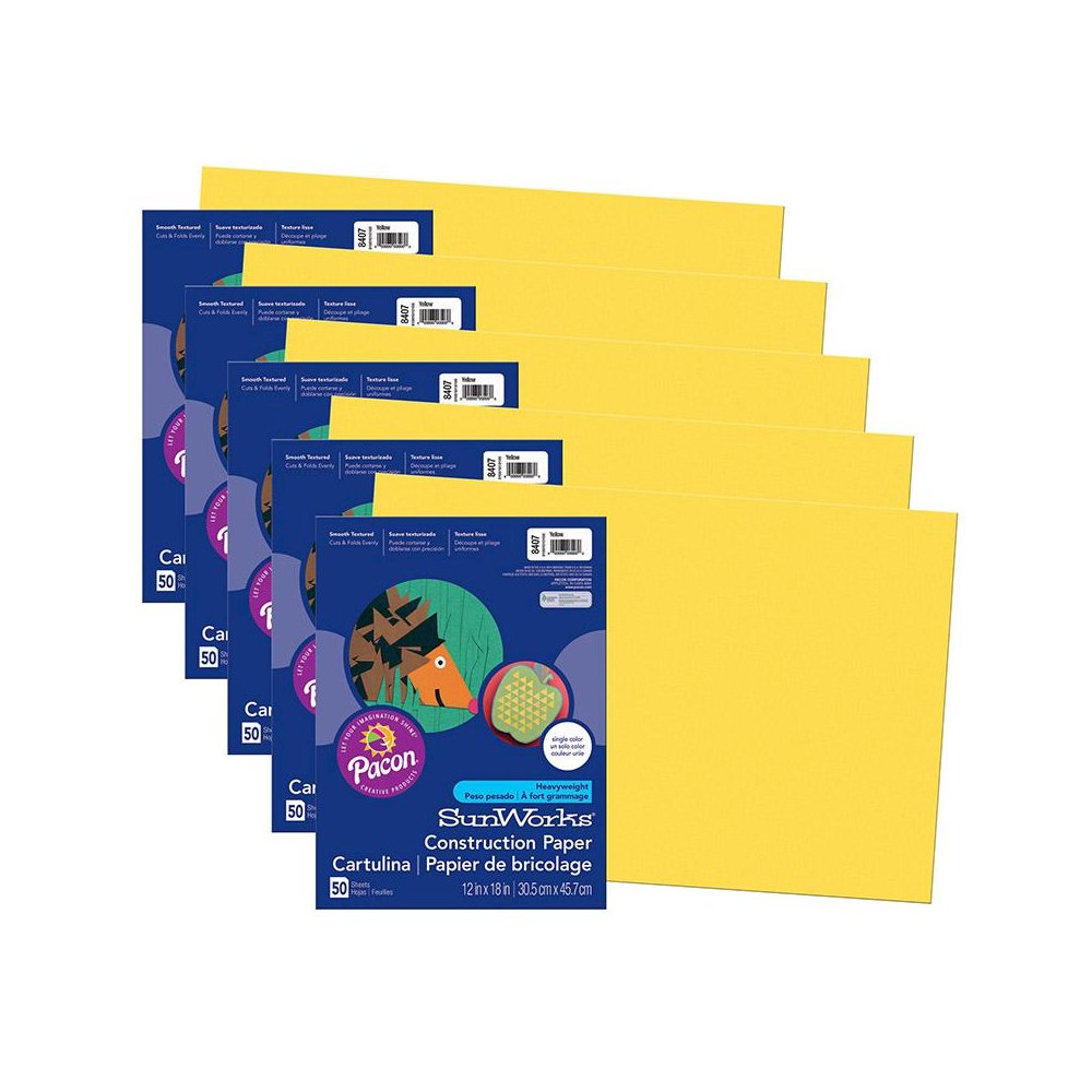 Construction Paper, Yellow, 12" x 18", 50 Sheets Per Pack, 5 Packs. Picture 1