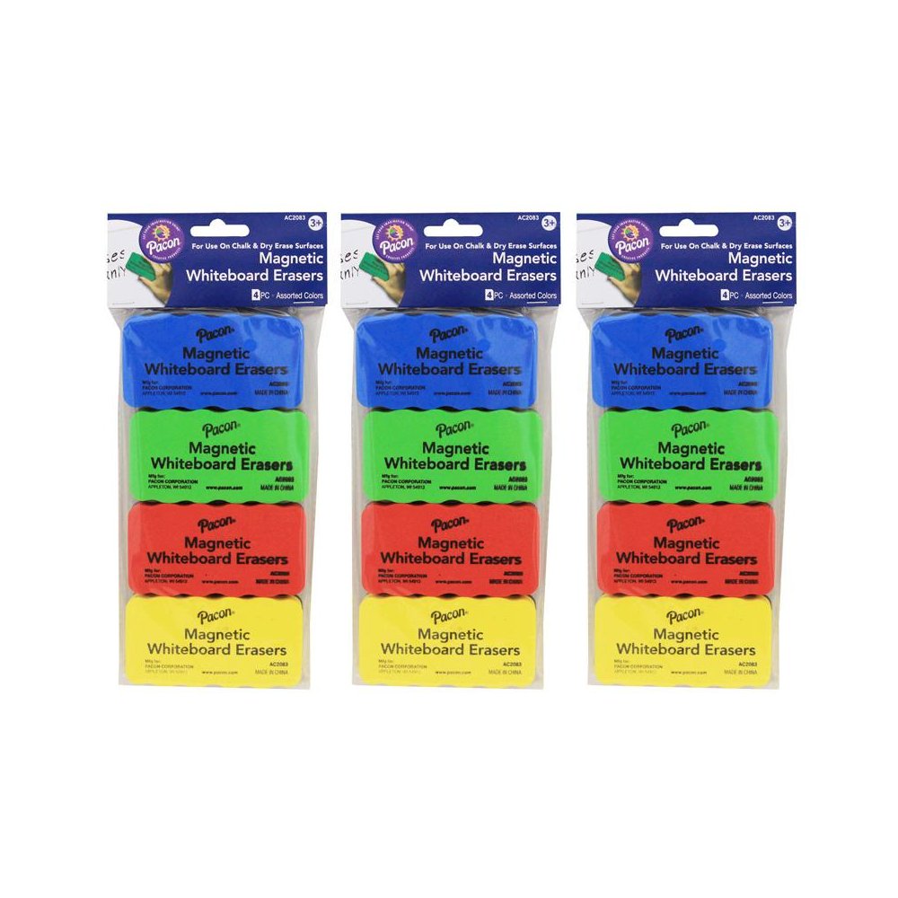 Magnetic Chalk & Whiteboard Eraser, 4 2.25" x 4.25", 4 Erasers Per Pack, 3 Packs. Picture 1