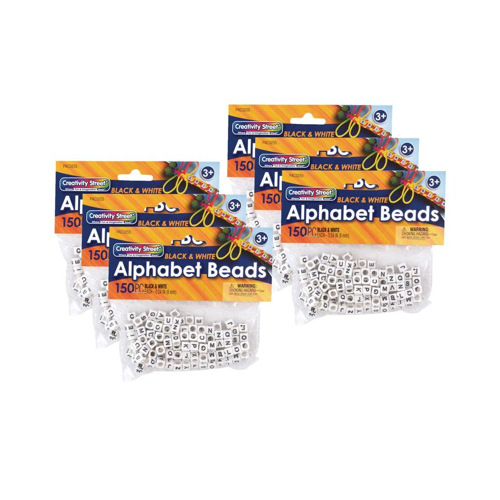 Alphabet Beads, Black & White, 6 mm, 150 Per Pack, 6 Packs. Picture 1