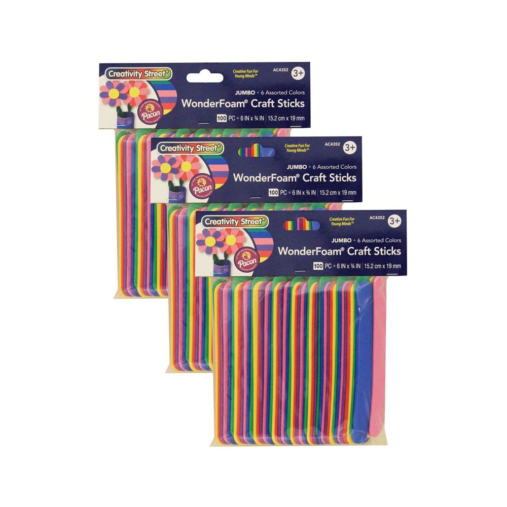 WonderFoam Jumbo Craft Sticks, Assorted Colors, 6" x 3/4", 100 Per Pack, 3 Packs. Picture 1
