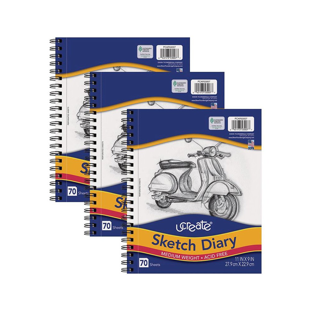 Sketch Diary, Medium Weight, 11" x 9", 70 Sheets, Pack of 3. Picture 1
