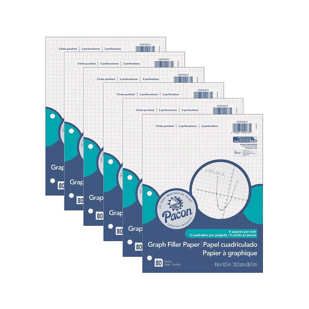 Graphing Paper 3-Hole Punched, 1/4" Quadrille Ruled, 80 Sheets Per Pack, 6 Packs. Picture 1