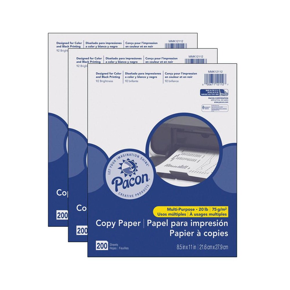Multi-Purpose Paper, White, 20 lb., 8-1/2" x 11", 200 Sheets Per Pack, 3 Packs. Picture 1