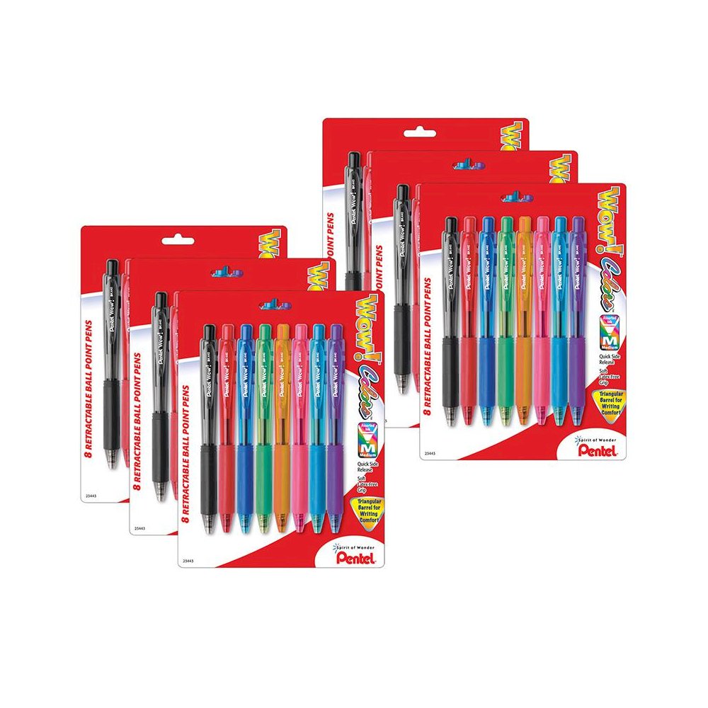 WOW! Retractable Ball Point Pens, Assorted, 8 Per Pack, 6 Packs. Picture 1
