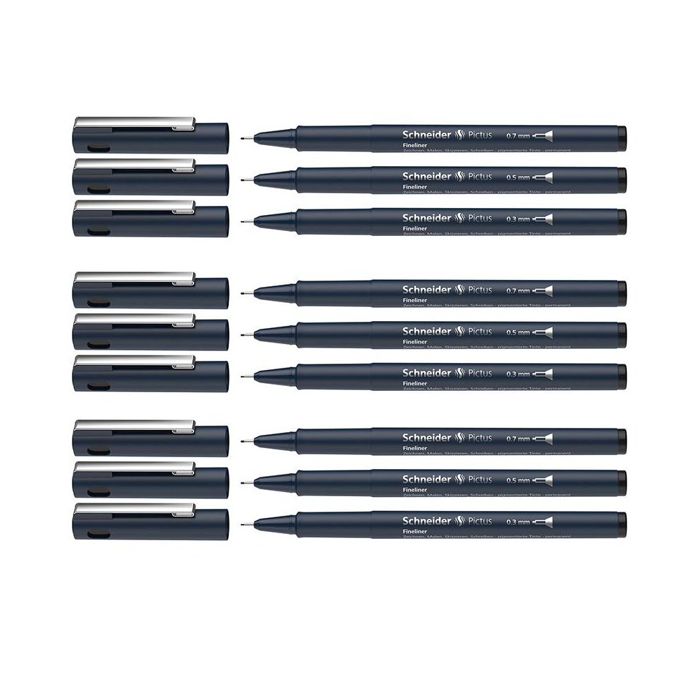Pictus Fineliners, Wallet, Black Ink, Assorted Sizes, 3 Per Pack, 3 Packs. Picture 1