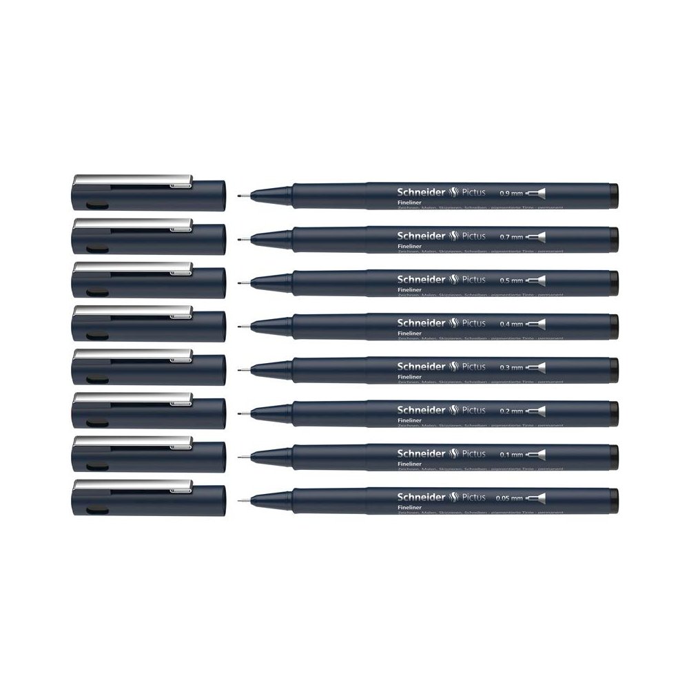 Pictus Fineliners, Wallet, 8 Pieces, Black Ink, Assorted Sizes. Picture 1