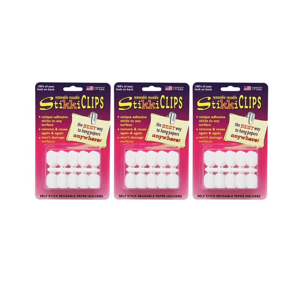 StikkiCLIPS Adhesive Clips, White, 30 Per Pack, 3 Packs. Picture 1
