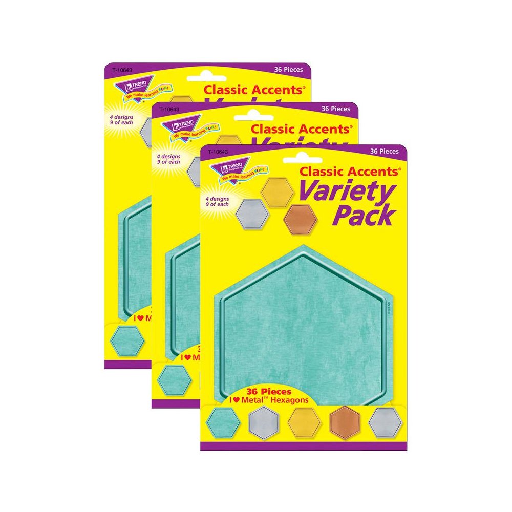 I Love Metal Hexagons Classic Accents Variety Pack, 36 Per Pack, 3 Packs. Picture 1