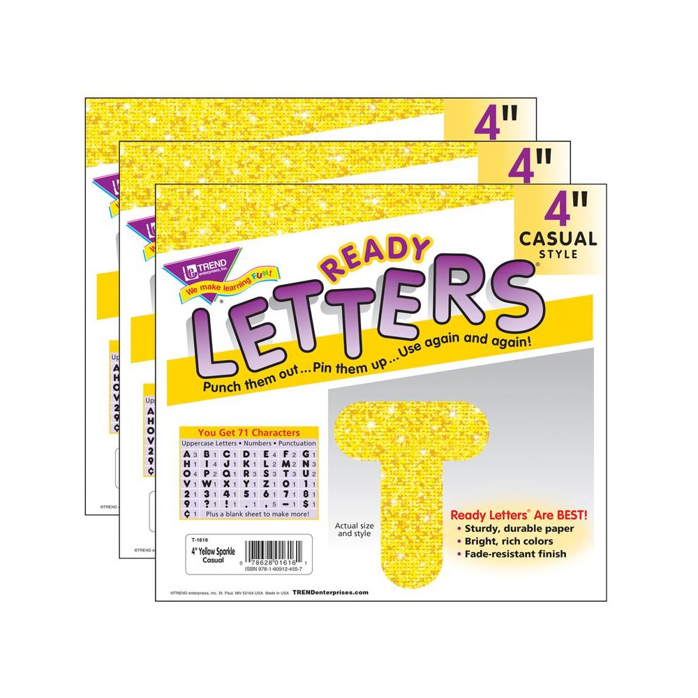 Yellow Sparkle 4" Casual Uppercase Ready Letters, 71 Per Pack, 3 Packs. Picture 1