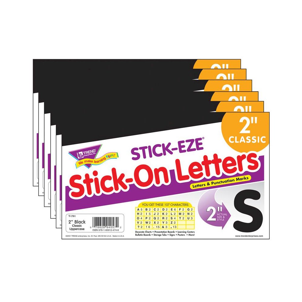 Black 2" STICK-EZE Stick-On Letters, 107 Pieces Per Pack, 6 Packs. Picture 1
