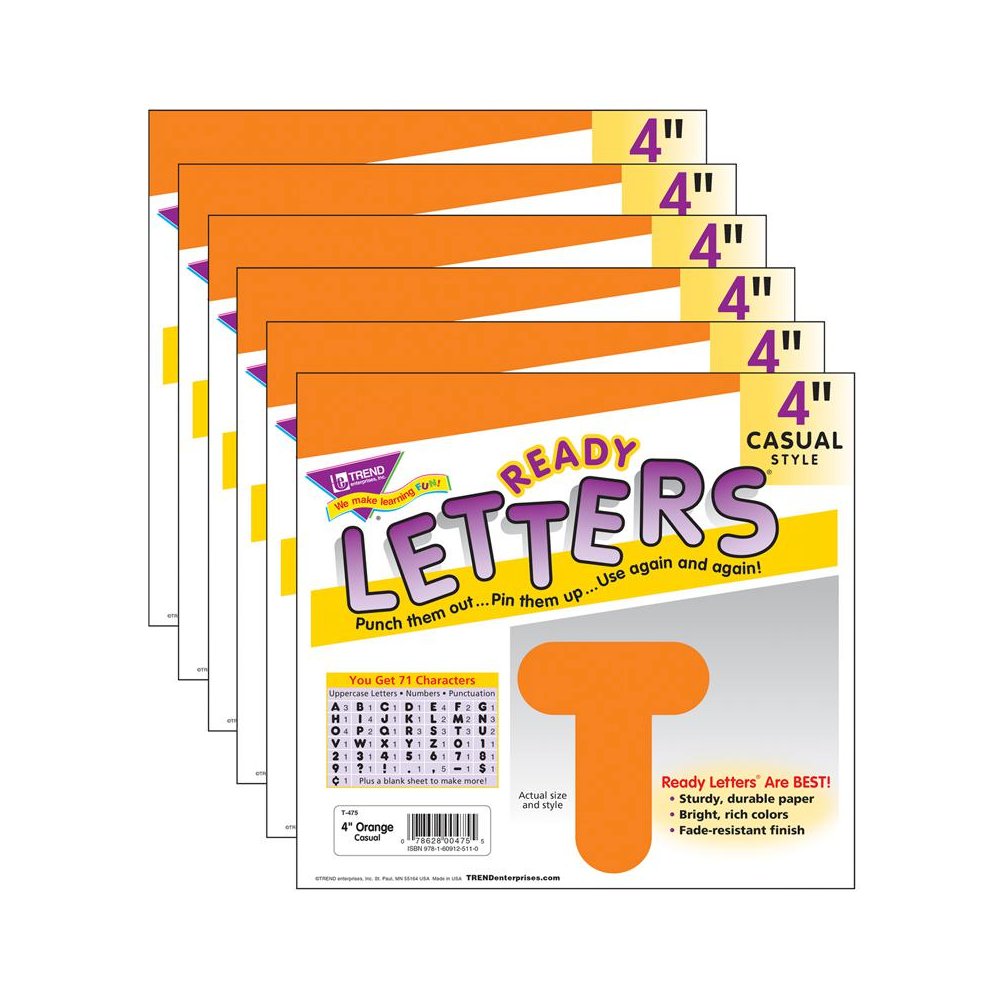 Orange 4" Casual Uppercase Ready Letters, 6 Packs. Picture 1