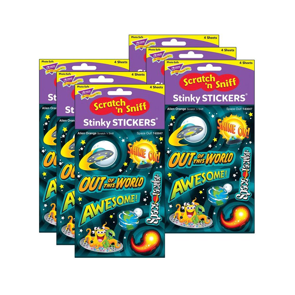Space Out!/Alien Orange Mixed Shapes Stinky Stickers, 32 Per Pack, 6 Packs. Picture 1