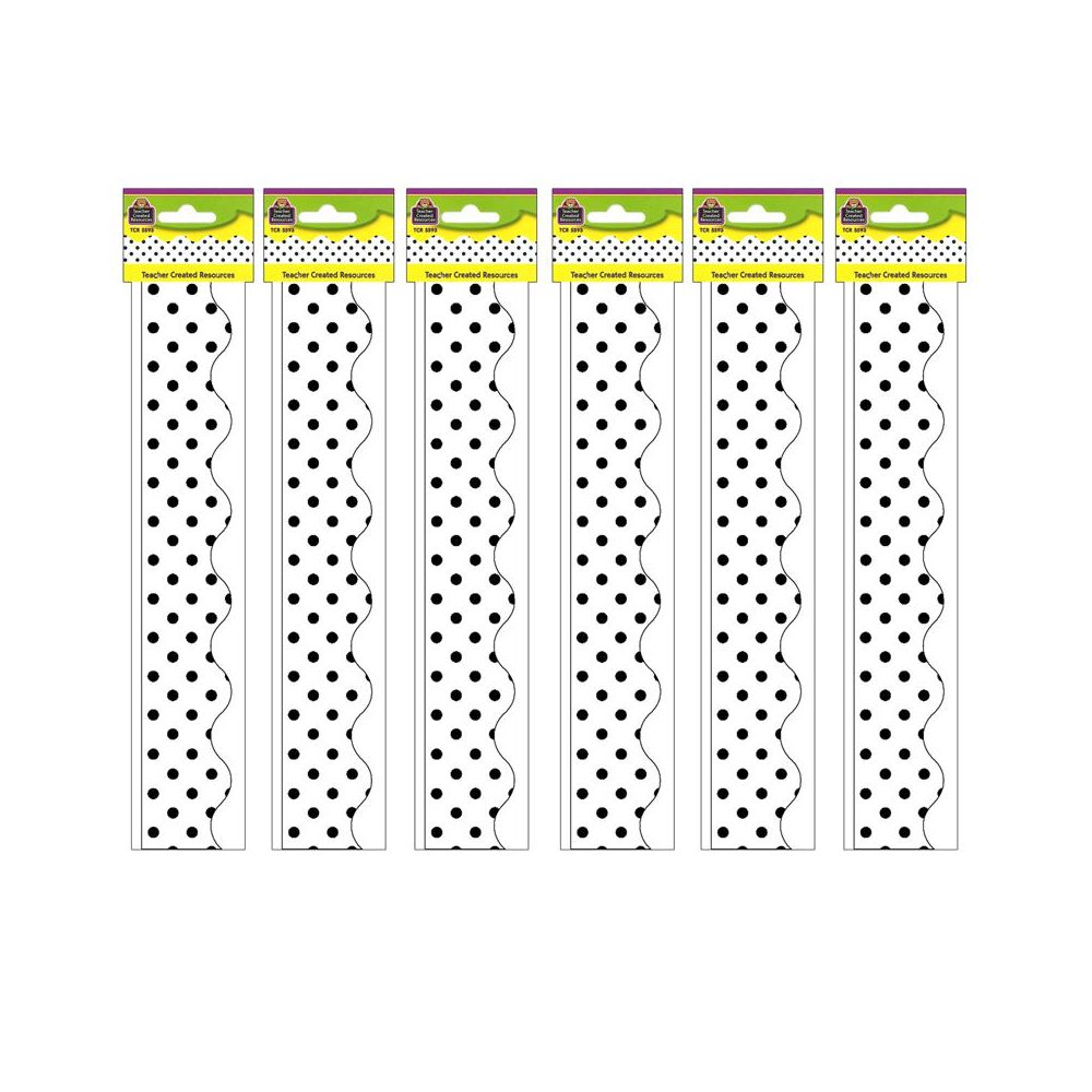 Black Polka Dots on White Scalloped Border Trim, 35 Feet Per Pack, 6 Packs. Picture 1