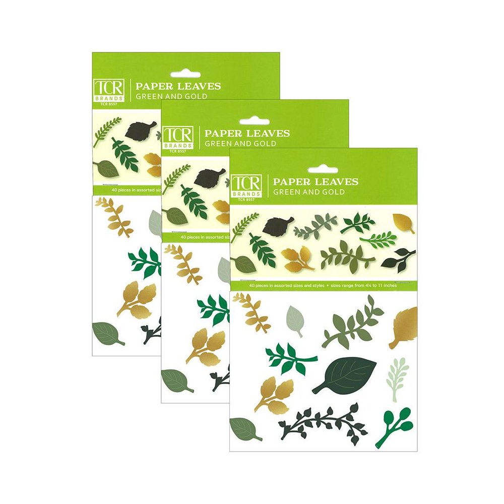 Green and Gold Paper Leaves, 40 Per Pack, 3 Packs. Picture 1