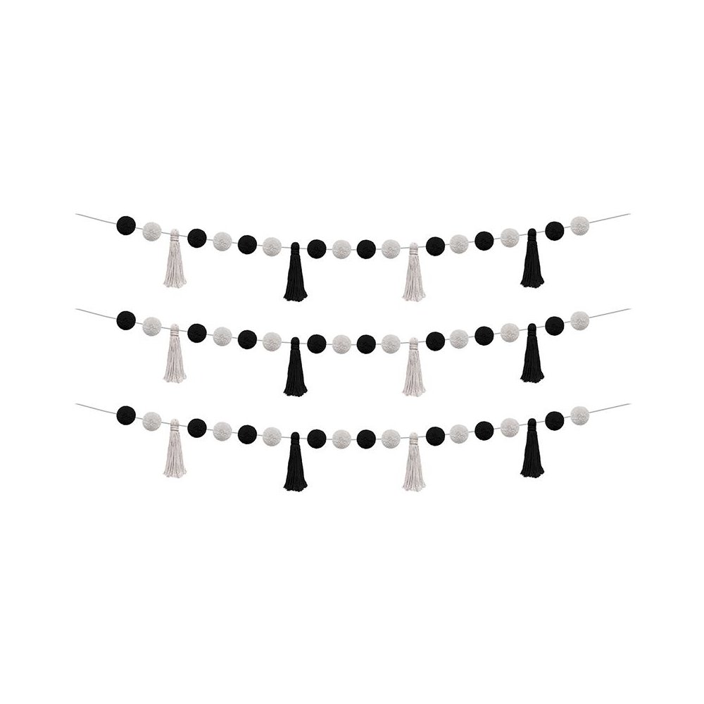 Black and White Pom-Poms and Tassels Garland, Pack of 3. Picture 1