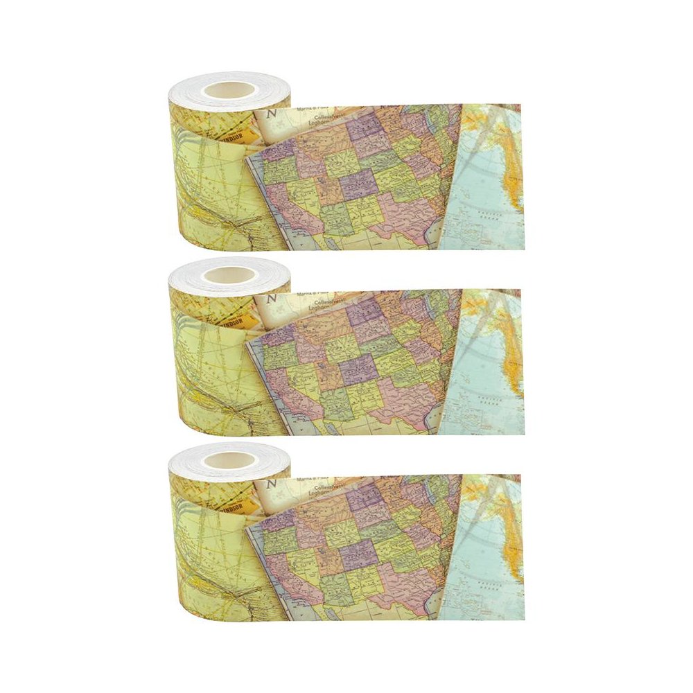 Travel the Map Straight Rolled Border Trim, 50 Feet Per Roll, Pack of 3. Picture 1