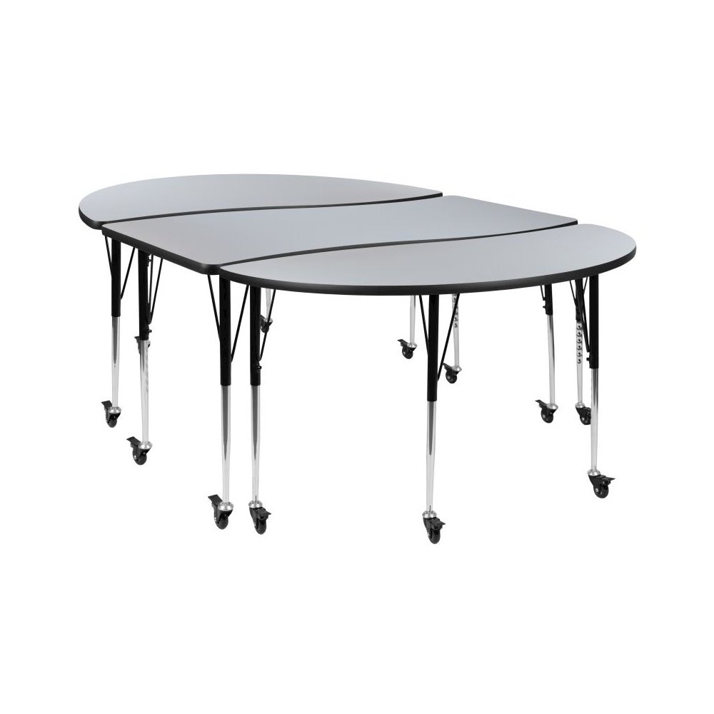 3 Piece Mobile 86" Oval Wave Flexible Grey Thermal Laminate Activity Table Set-Standard Height Adjustable Legs. Picture 1