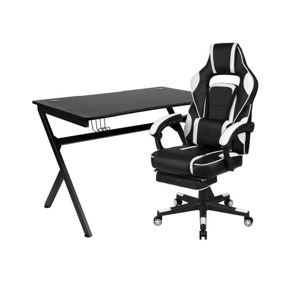 Gaming Desk with Cup Holder/Headphone Hook/Removable Mousepad Top & White Reclining Back/Arms Gaming Chair with Footrest. Picture 1