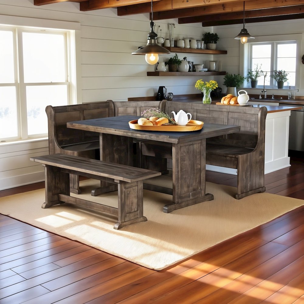 Brown Solid Wood Breakfast Nook, Corner Dining Table Set, Kitchen Nook Table Set. Picture 2