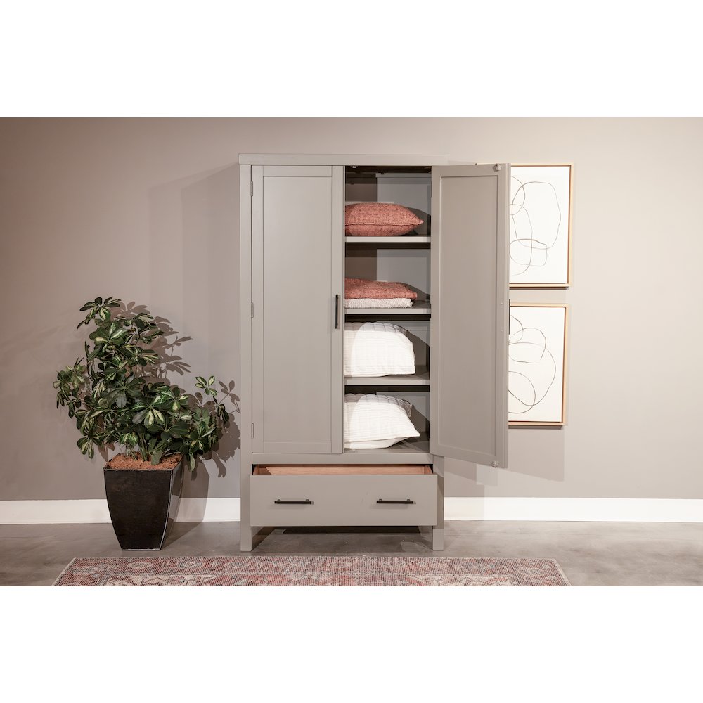 Transitional Linen Cabinet with Shelves and Deep Storage Drawer. Picture 2