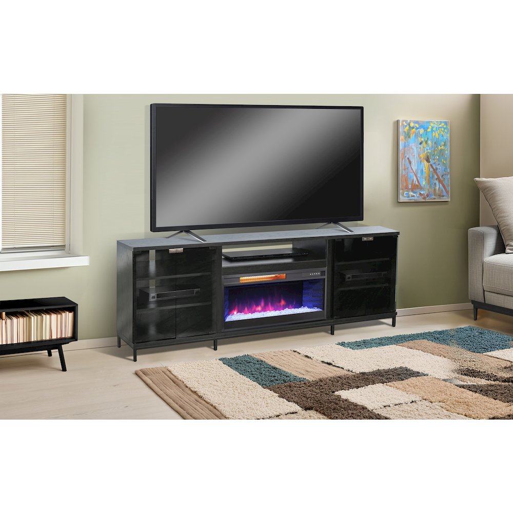 70" Media Console with Electric Fireplace, Black Oak Melamine. Picture 2