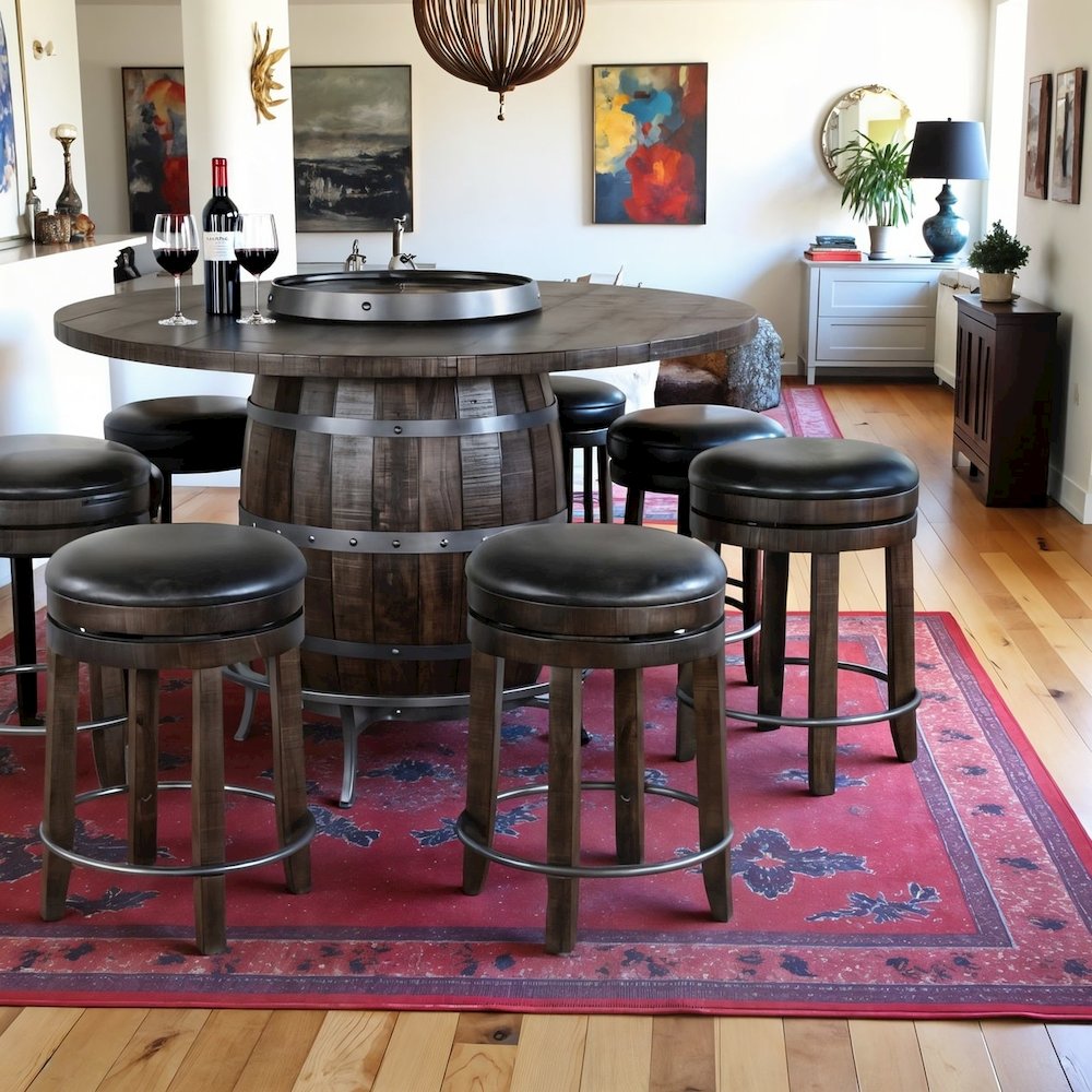 Brown Solid Wood Pub Table with Wine Barrel Base, Unique Barrel Table. Picture 2