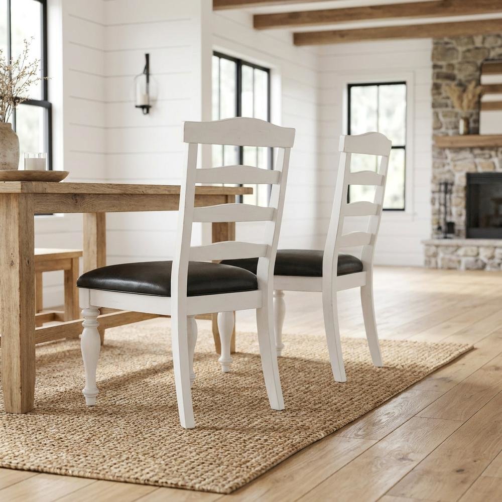 White Ladderback Dining Chairs Set of 2 with Farmhouse Style. Picture 2