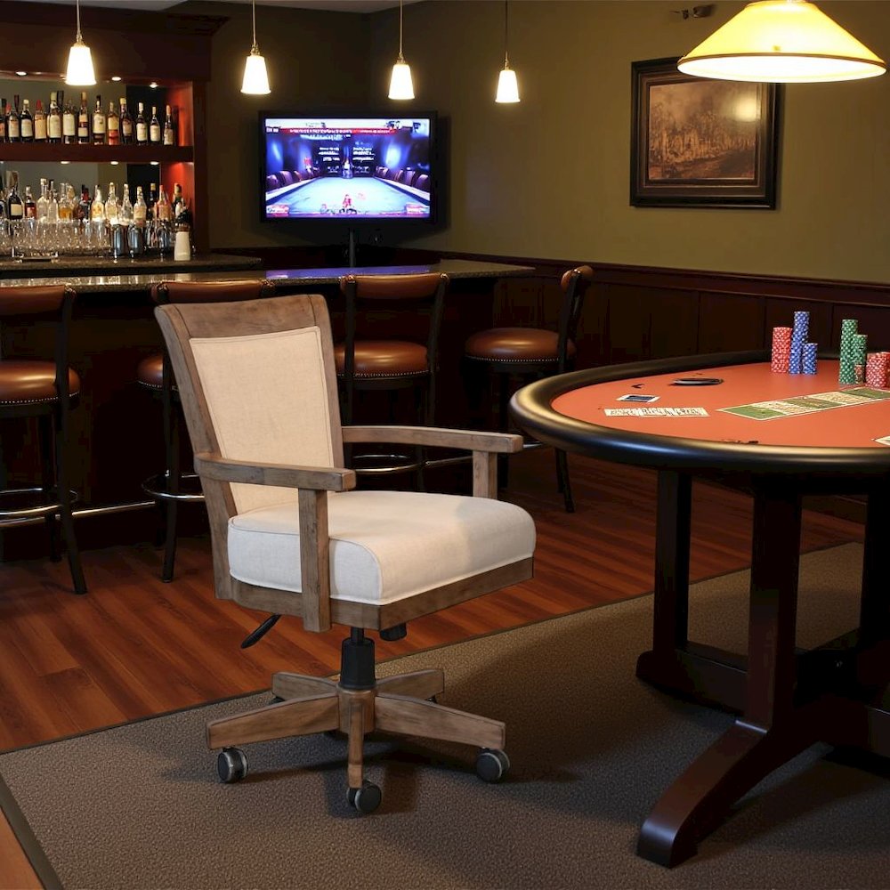 Beige Solid Wood Game Chair with Casters, Cushion Seat for Poker Table Chairs. Picture 3