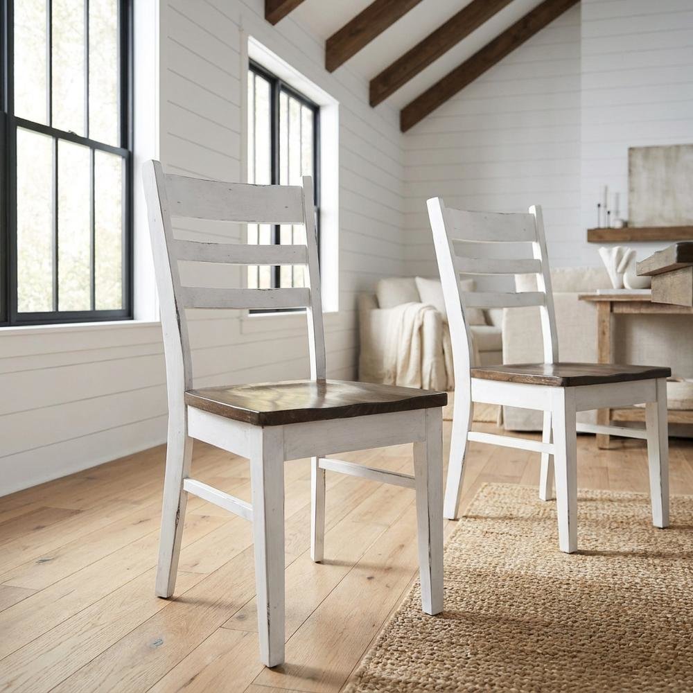 White Farmhouse Dining Chairs Set of 2 with Ladderback Design and Sturdy Frame. Picture 3