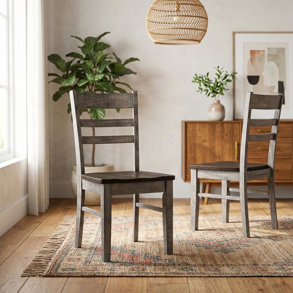 Dark Brown Ladderback Dining Chairs with Wooden Seats, Set of 2. Picture 2