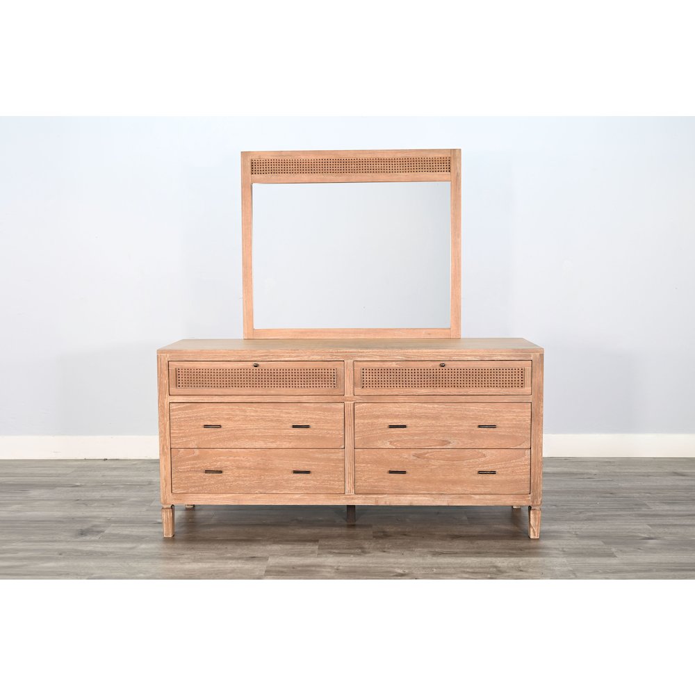 Natural Wood 6-Drawer Rattan Dresser with Mirror. Picture 2
