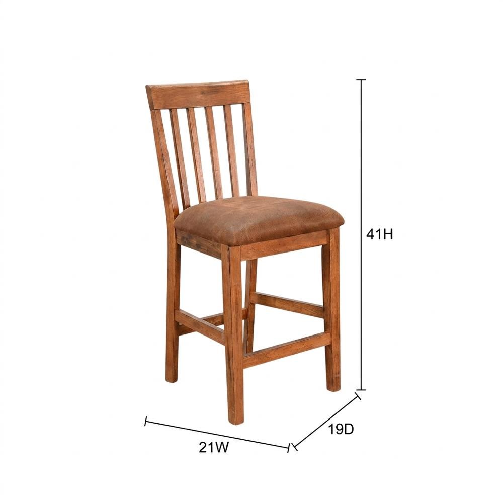 Light Brown Slatback Barstool Set with Cushioned Seats and Rustic Style. Picture 9