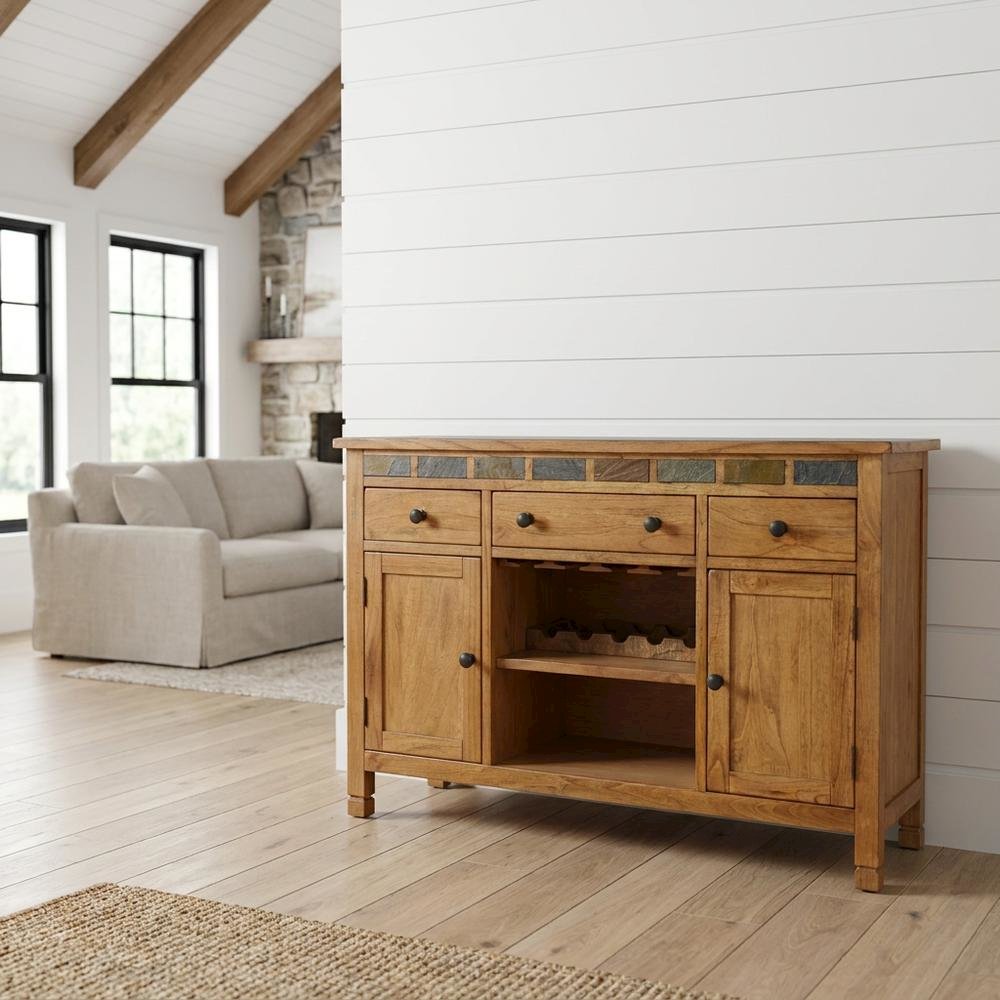 Rustic Wood Buffet with Natural Slate Top for Kitchen Storage. Picture 3