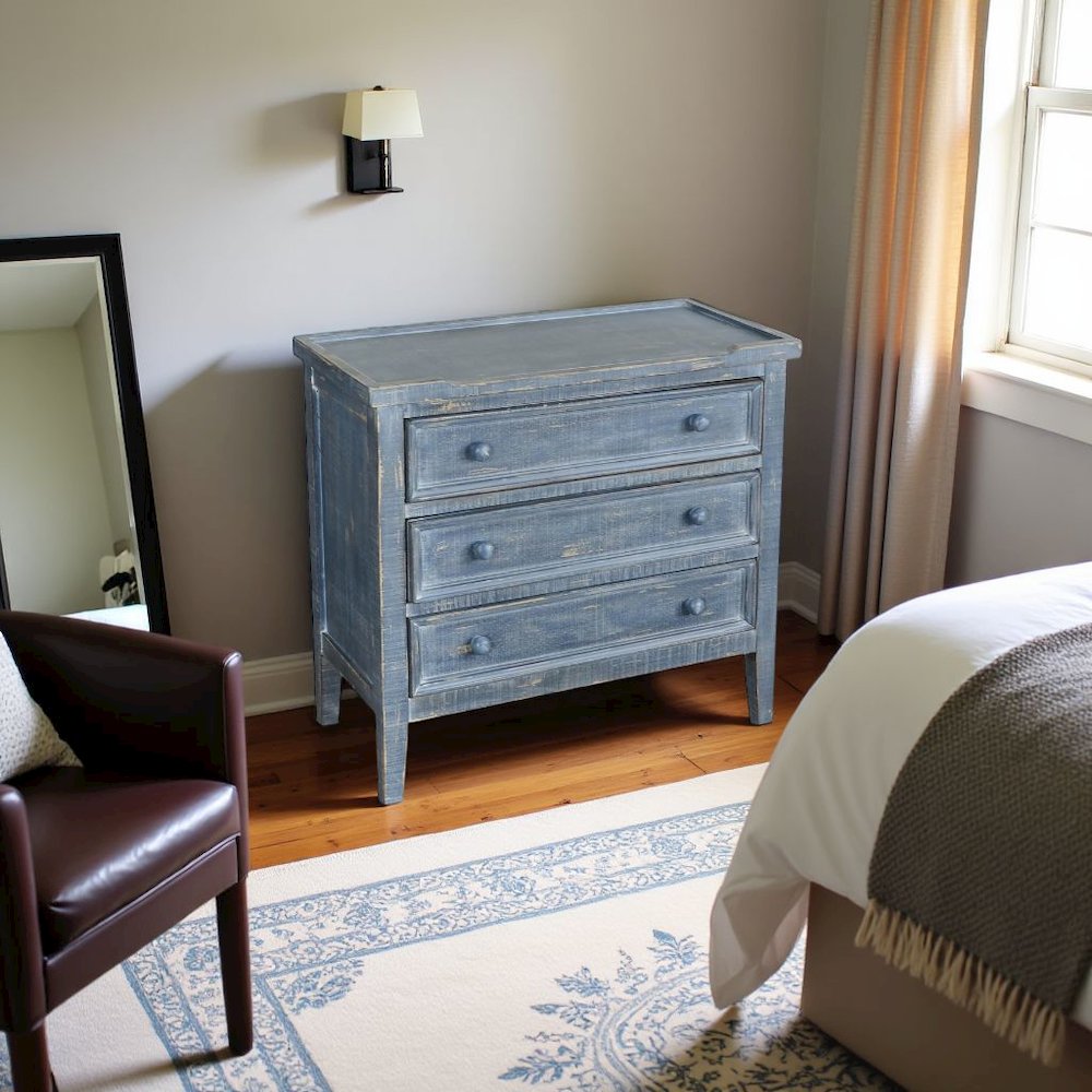 Blue Solid Wood Farmhouse End Table, Nightstand with 3 Drawers for Storage. Picture 3