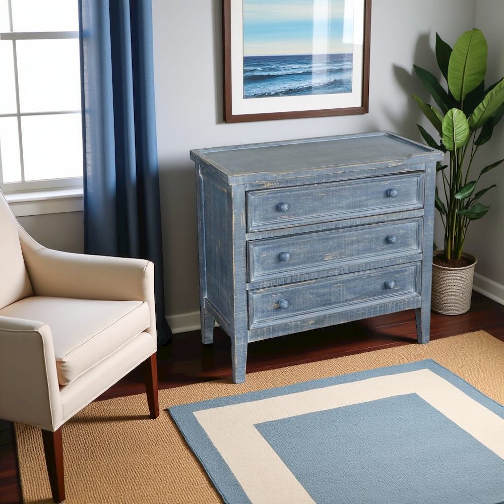 Blue Solid Wood Farmhouse End Table, Nightstand with 3 Drawers for Storage. Picture 2