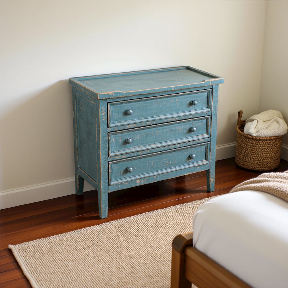 Green Solid Wood Farmhouse End Table with Storage, 3-Drawer Nightstand. Picture 2