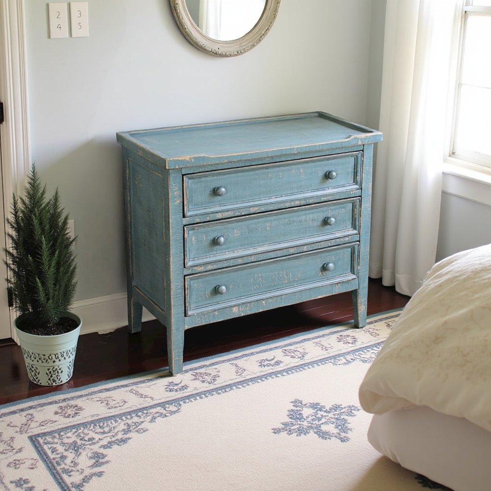 Green Solid Wood Farmhouse End Table with Storage, 3-Drawer Nightstand. Picture 3
