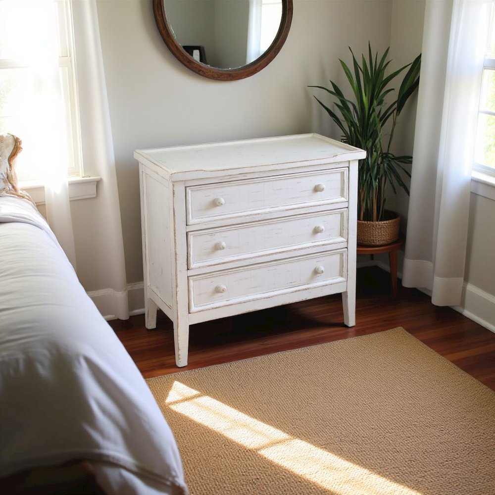 White Solid Wood Nightstand with Drawers, Farmhouse End Table with Storage. Picture 3